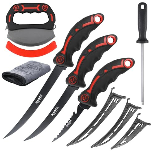 Ulu & Fillet Knife Set – 5”, 7”, 9” German High Carbon Steel Blades with Sheaths, Non-Slip Handles, Honing Rod & Carry Bag, Mezzaluna Knife for Kitchen, BBQ, Camping & Fishing, Birthday Gift for Men