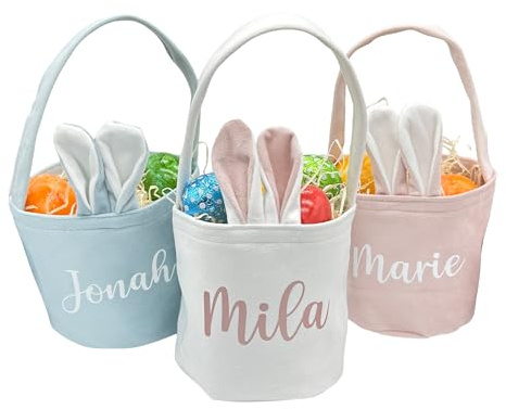 Generisch Personalisierter Osterkorb mit Name - mit Henkel, Hasenohren und Puschelschwanz - 3 Pastell Farben zur Auswahl