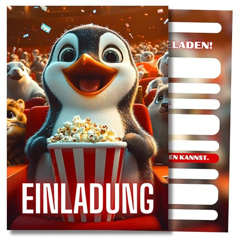 HIDEBLOOM Kino Einladungskarten Kindergeburtstag Mädchen und Jungen I 12 Stück I DIN A6 (10,5 cm x 14,8 cm) I Einladung Cinema Kinder I Einladung Geburtstag Pinguin I Einladungen Kino Pinguin