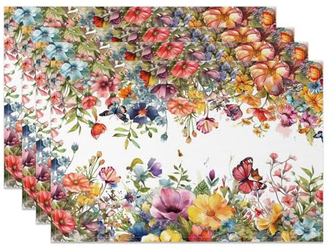 MIRRORANG Tischsets mit buntem Blumenmuster, 4 Stück, 45 x 30 cm, buntes Frühlingsgarten-Muster, waschbar, Tischset für Küche, Esszimmer, Dekoration