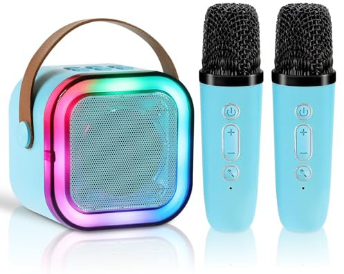 Qingning Karaoke 2 Micrófonos Inalambricos, Karaoke Bluetooth Portátil con Luces LED, Mini Máquina de Karaoke Infantil con Efectos de Cambio de Voz, Regalos Juguetes para Niños 3-14 Años (Azul)
