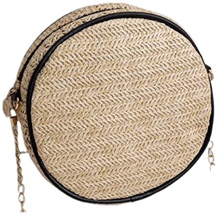 Stroh Strandtasche Strohtasche Strohsack Damen Runde Umhängetasche Sommer Handgefertigt Gewebte Umhängetaschen Damen Ketten Kreis Strand Handtaschen Korbtaschen Geflochten Stroh Handtasche(Black)