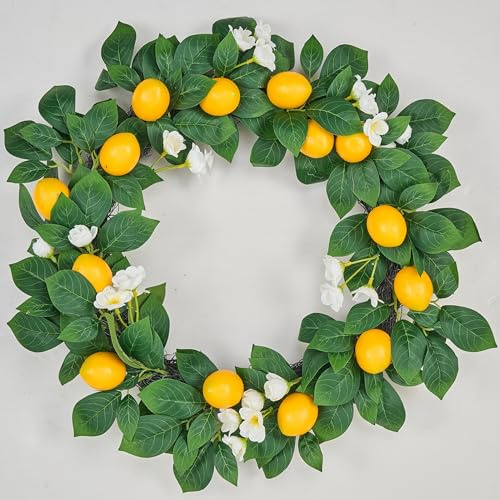 Avoceo Couronne artificielle pour porte d'entrée, verdure toute l'année, décoration de printemps et d'été, faux citron pour décoration de porte, parfaite pour la ferme, les mariages et la décoration