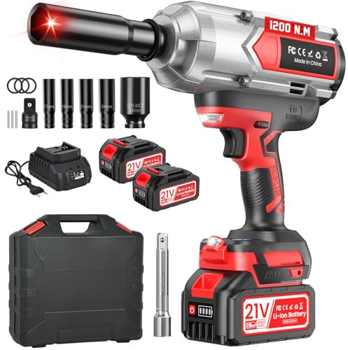Clé à Chocs Sans Fil 1200 N.m, 21V Cle a Choc Brushless avec 2 x 4000 mAh Batteries, 5 Douilles, 1 Convertisseur 1/2 x 3/4, 1 Extension, 3 Bagues en caoutchouc, pour Voiture, Camionnette, la Maison