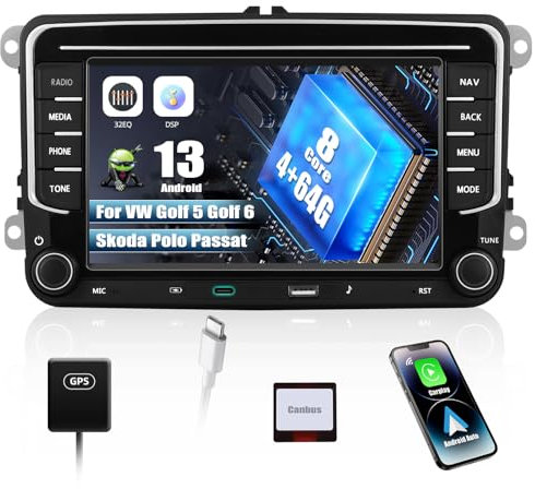 SIXWIN 4+64G 8-Core Android 13 Radio Coche para VW Golf 5 6 Polo Tiguan Caddy Skoda Passat con CarPlay Android Auto DSP, 7 Pulgadas Pantalla Táctil,1280 * 720,con GPS WiFi BT FM RDS USB Type-C