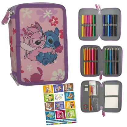 PASO - Federmäppchen 3 Fächer - Mäppchen für für Mädchen und Jungen - Federmappe 3-Fach Federtasche Gefüllte Schüleretui Schulmäppchen und Hausaufgabenheft - Stitch
