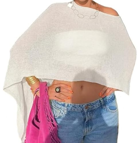 Nicoxijia Women Y2K Sheer Knit Poncho Top Lightweight Summer Beach Knit Shrug Shawl Bolero Off Shoulder Mesh Sweater Cover Up (White, ONE SIZE)