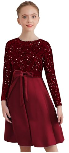 dPois Mädchen Weihnachten Outfit Langarm Kleider Rundhals A-Linie Kleid mit Glitzern Pailletten Knielang Festlich Herbst Winter Party Kleidung