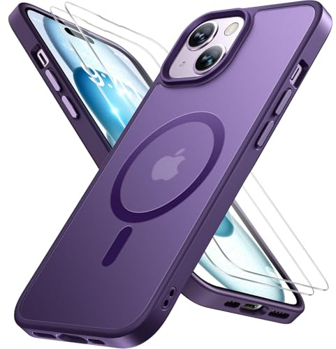 Miracase für iPhone 15 Hülle mit Magsafe & 2 9H+ Panzerglas, Violett | [TOP Militärschutz & Magnetkraft] Stoßfest Kratzfest mit Samtiger Haptik Extrem Langlebig Handyhülle für iPhone 15 6,1