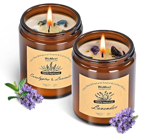 WEMEET 2 Pack Scented Candles Gift Set, Soy Candles of Lavender & Eucalyptus Lavender, 7 oz Jar Candle, Aromatherapy Candle for Birthday, Mother's Day, Christmas