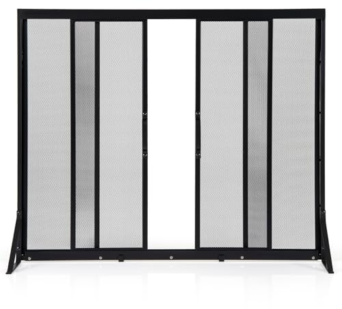 FANTASK Kamingitter Metall mit Schiebetüren, 96 x 79cm, Funkenschutzgitter freistehend mit Türen, Kaminschutzgitter (schwarz)