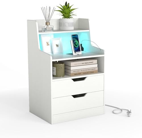 COSTWAY Nachttisch mit LED-Lichtern und Ladestation, Beistelltisch mit 2 Schubladen, offenen Fächern & Fernbedienung, Sofatisch, Nachtschrank für Boxspringbett, 45 x 35 x 72,5 cm (Weiß)