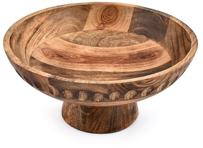 Samhita Decorative Bowl Mango Wood Pedestal Hand Carved Wooden Centerpiece Bowl with Burnt Finish for Dining Table, Kitchen, Living Room (10 X 10'' X 4.75)
