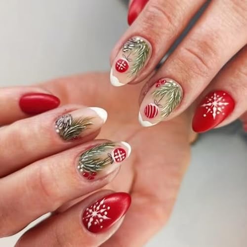 Festive French Styles Lot de 24 faux ongles courts de forme carrée Motif feuilles vertes pour ongles d'hiver Décoration d'arbre de Noël ABS