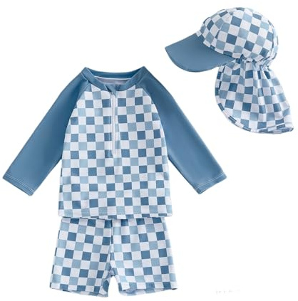 UUAISSO Baby Jungen Kleinkind Langarm Badeanzug mit Badehose und Sonnenhut Set Urlaubs-Badebekleidung Dunkelblau 2-3 Jahre