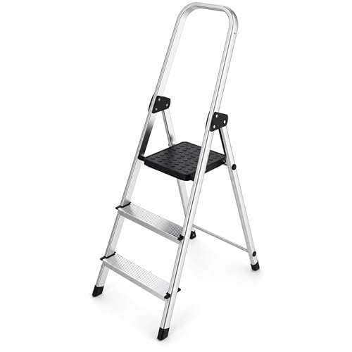 Scala in Alluminio 3 Gradini - Portata 150kg, Certificata EN131 - Antiscivolo, Ultraleggera e Salvaspazio - Uso Domestico e Lavorativo - Pratica da Aprire, Chiudere e Riporre (1 Scala, 2+1 Gradini)