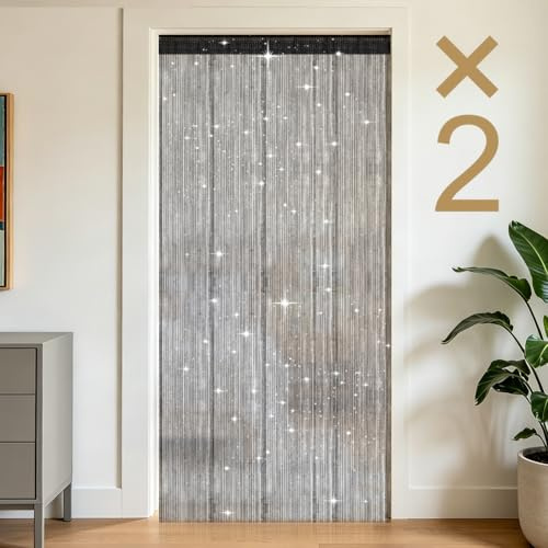 OFFCUP 2 Pack String Door Curtains, 100 x 200cm String Doorways Divider | Glitter Retro Tassel Doors Doorways Dividers, Fly Insect Bug Screen Window Curtain Panel Party Decorations (Black)