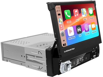 EZoneTronics 7 Zoll Flip Out Autoradio 1din mit Carplay Android Auto Touchscreen Autoradio Bluetooth mit SWC Mirror Link EQ FM/RDS Radio Typ-C USB AUX TF-Karte Rückfahrkamera