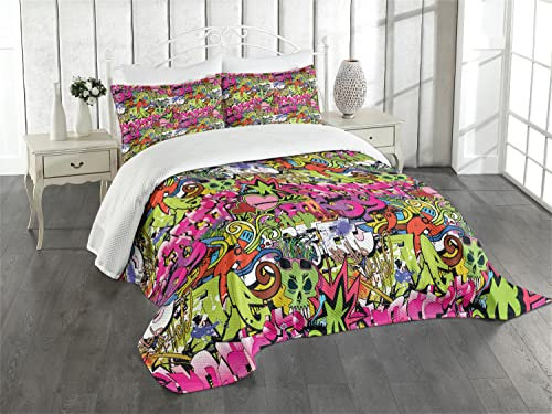 ABAKUHAUS urban Graffiti Tagesdecke Set, durchbohrte Herz, Set mit Kissenbezügen Waschbar, für Einzelbetten 170 x 220 cm, Magenta Grün