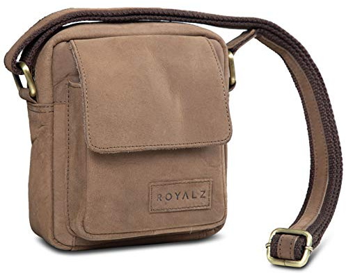 ROYALZ 'Austin' Moderne Echtleder Umhängetasche Klein Herren Schultertasche Mini Messenger Bag Vintage Ledertasche zum Umhängen Kleine Männer Schultertasche, Farbe:Montana Braun