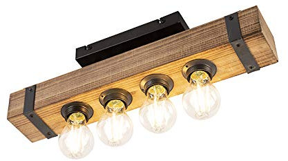 Qazqa - Wood Industrial Ceiling Lamp I Ceiling Flush Light - Reena- - Industrial - Suitable for LED E27 | 4 Light - Wood Flush Ceiling Light - Suitable for Living Room I Kitchen I Bedroom I