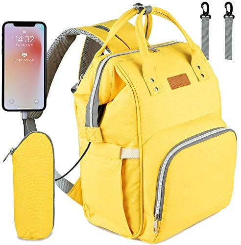 NEVEQ Baby Wickelrucksack, Babytasche für Reise, Wickeltasche Große Kapazität, Multifach Reise Rucksack Wasserdicht Fächer Babyflaschehälter (Gelb)