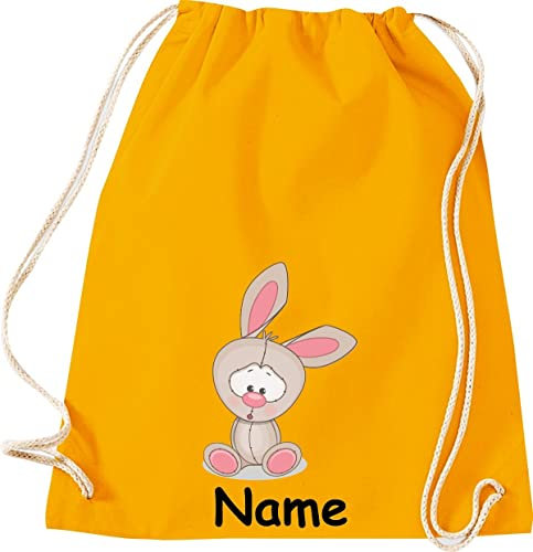 Shirtinstyle Turnbeutel Tiere Hase Häschen mit Wunschnamen, Beutel Tasche Hort Kita, Farbe Mustard