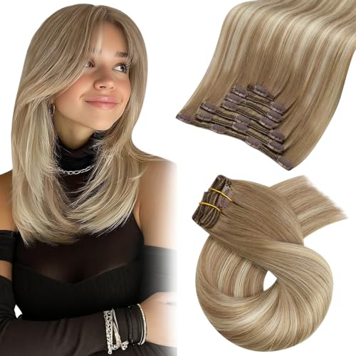 Moresoo Clip in Extensions Echthaar Weiches Glattes 35cm 5 Stück 80g Leicht | Weiche Haarstruktur,Glatte Optik,Echthaar Material,Für Kurzes Haar Geeignet,Schöne Farbakzente,Passend Für Looks Alltag