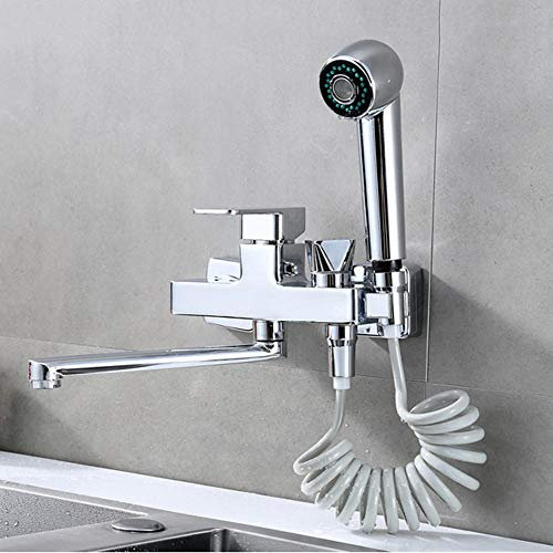 robinet mural avec douchette, pistolet, double trou, chromage cuivré, évier de cuisine, évier de lessive, mitigeur eau chaude/froide-Chrome A