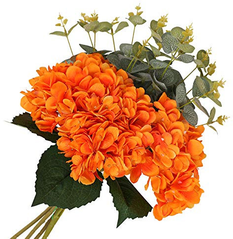 Kisflower 6Pcs Seiden Hortensie Künstliche Blumen Realistische Hortensie Blumen Bouquet für Hochzeiten Party Büro Home Decor (Orange)