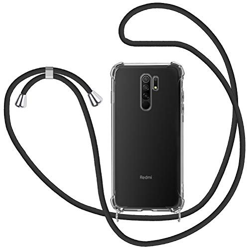 Handykette für Xiaomi Redmi 9 Hülle mit Band, Transparent Silikon Handyhülle mit Kordel zum Umhängen Schutzhülle, Schwarz