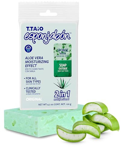 T.Taio – EsponJabón – Schwamm + Seife 2-in-1 mit Aloe Vera – Beruhigt & Spendet Feuchtigkeit – Unisex – Für alle Hauttypen – 120g
