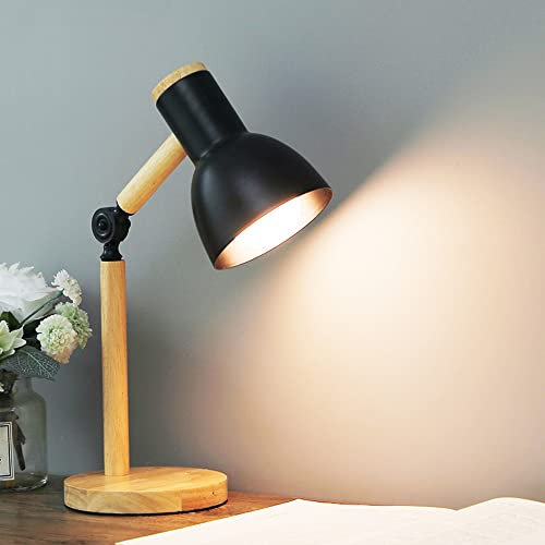Chao Zan schwenkbaren Holz Schreibtischlampe - E27 Fassung - mit Standfuß - Retro Tischlampe mit verstellbarem Gelenkarm - Vintage Nachttischlampe-Studierlampe- Arbeitslampe- Bürolampe- schwarz