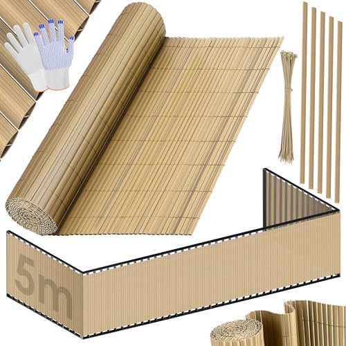 KESSER® PVC Sichtschutzmatte Sichtschutzzaun 120x500cm Balkonverkleidung Windschutz verstärkte Lamellen für Garten Balkon & Terrasse Balkonumrandung inkl Kabelbindern, Abdeckung & Handschuhe Bambus
