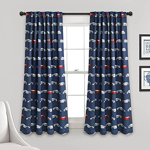 Lush Decor Race Cars Raumverdunkelungs-Fenstervorhang-Set, 132 cm B x 160 cm L, Marineblau und Rot