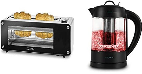 Cecotec VisionToast Tostadora, 1260 W Ventanas de Cristal, Ranura XL + Hervidor de Agua Eléctrico ThermoSense 390 Clear. 1,7 litros, Libre de BPA
