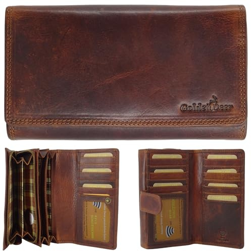 Golden Deer XXL Grosse Geldbörse Damen Herren viele Fächer Leder Portemonnaie Geldbörsen Portmonee braun RFID Blocker (Dunkelbraun, Braun)