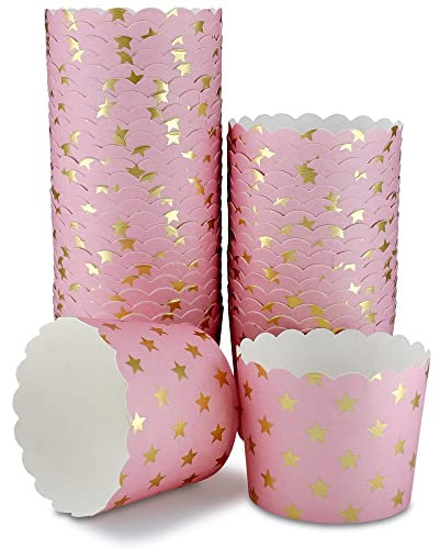 Frau WunderVoll® 100 Muffin Backformen, rosa goldene Sterne, Durchmesser 6,1 cm/Muffinbackform, Muffinform, Cupcakeformen, Backförmchen, Cupcake Formen, Muffin Förmchen Papier