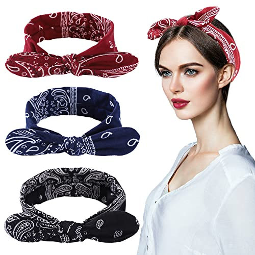 TSHAOUN 3 Stück Boho Haarband Damen,Paisley Stirnbänder Boho Bogen Bandana, Elastische Stirnband Damen Sommer Breite Haarbänder Kopfband Mit Geknotetes Für Mädchen Alltag Makeup, Yoga