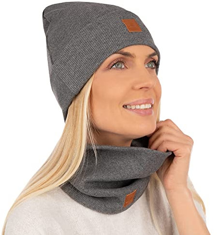 Mikos* Damen Set Mütze & Loop Baumwolle Long Beanie Hut mit Schal-Loop Herbst Winter Tolles Warm, Stretchy Elastischer, Wintermütze Junge-n Mädchen Streetwear 703 (Grafite)