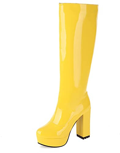 Joliss Donna Tacco A Blocco Stivali Alti Donna Punta Rotonda Stivali Alti Donna Plateau Zip Stivali Alti Giallo Numero 38 EU/39Cn