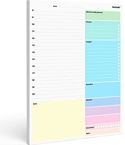 PACKLIST Pianificatore Giornaliero Italiano - Planner per Piani Casa, Studio, Lavoro e Famiglia: Obiettivo della Giornata, Priorità, Compiti, Ricordare, Note, Alimenti, Idratazione e Tracker Sportivo