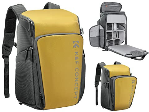 K&F Concept Kamerarucksack, Fotorucksack für Fotografen, Kamerarucksack mit 16Zoll-Laptopfach, kompatibel für Canon/Nikon/Sony/DJI Mavic Drone (Alpha Rucksack 25L), Gelb