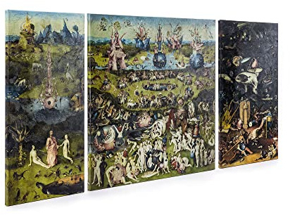 ShopArt – Bild mit Pinsel-Effekt, Hieronymus Bosch Triptychon des Gartens der Freuden – Kunstdruck auf Leinwand, fertig zum Aufhängen (100 x 180 cm)