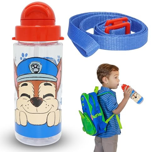 Paw Patrol Bouteille d'eau pour enfants, 500 ml Tritan avec sangle, gourde d'été avec paille et durable, anti-fuite, sans BPA, parfaite pour l'école, les voyages à partir de 3 ans