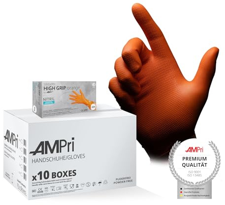 AMPri High Grip Einmalhandschuh aus Nitril, 10 Box a 50 Stk, Größe L, orange, SolidSafety: extra griffiger und chemikalienbeständiger Arbeitsschutzhandschuh in den Größen S, M, L, XL, XXL