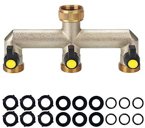 Brass Garden Outside Tap Splitter 3 Way Hose Manifold,3/4 Tap Diverter Adapter Hose Pipe Tap Splitter Outdoor,Multi Tap Connector,Faucet Splitter,Hose Bib Splitter,3 Way Diverter with On/Off Valves