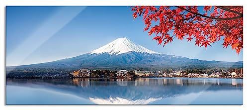 Pixxprint Glasbild Panorama, Wandbild aus Echtglas, Berg Fujiyama mit herbstlich rotem Baum, 100x40 cm, inkl. Aufhängung und Abstandshalter