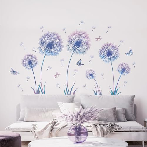 TOARTI Groß Wandtattoo Löwenzahn,Blau Wandsticker für Kinderzimmer Mädchen,Wandtattoo Pusteblume für Schlafzimmer,Schmetterling Pflanzen Blumen Wandaufkleber für Babyzimmer Wohnzimmer Wanddeko