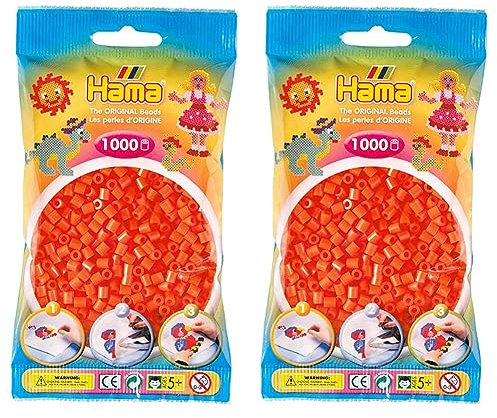 Hama Perlen 207-04 Bügelperlen Beutel mit ca. 1.000 Midi Bastelperlen mit Durchmesser 5 mm in Orange, kreativer Bastelspaß für Groß und Klein (Packung mit 2)
